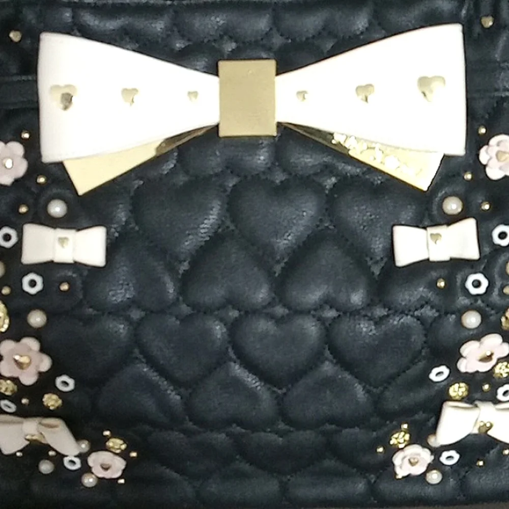 Betsey Johnson Tote Bag Pink Black Quilted Heart Beaded Studded Bowties Pearls